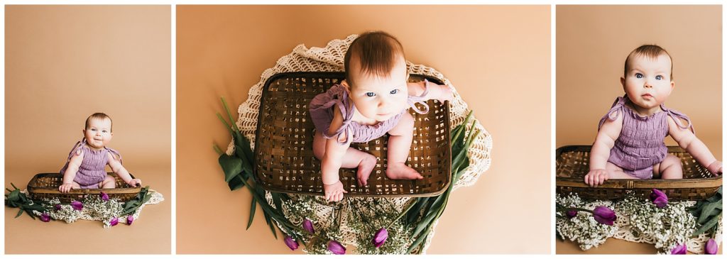 Baby girl sits in a woven basket among flowers for her sitter session