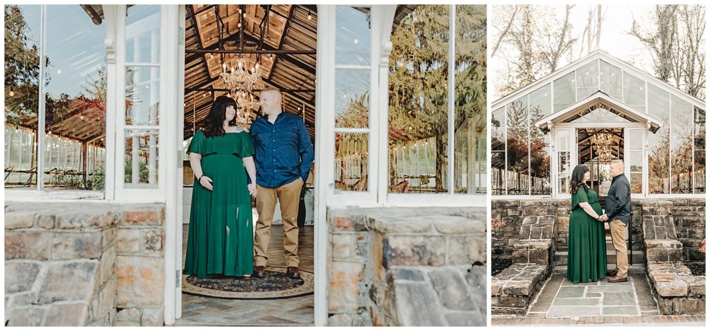 Husband and wife expecting a baby in front of greenhouse at Historic Shady Lane