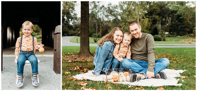 Outdoor family photograph of couple with baby, sitting on a blanket in the grass during fall at Fort Hunter Mansion and Park