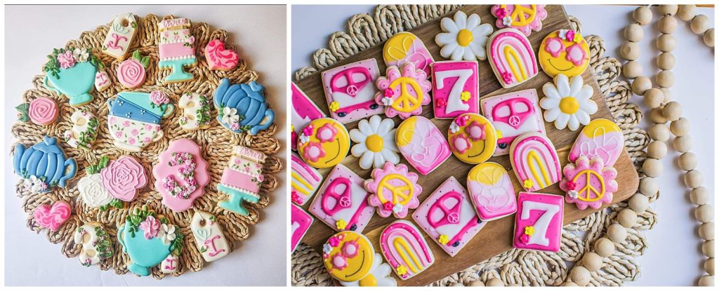 Beautiful custom cookie sets tea for three and a groovy 7th birthday theme