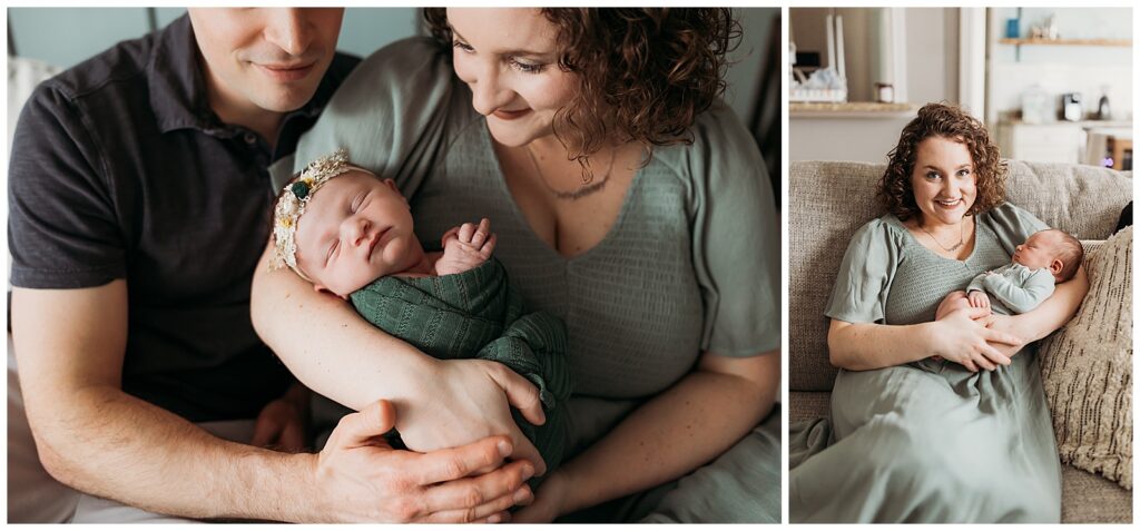 Mom & dad snuggle newborn baby girl. Mom wearing flowy dress for Harrisburg, PA newborn session. 