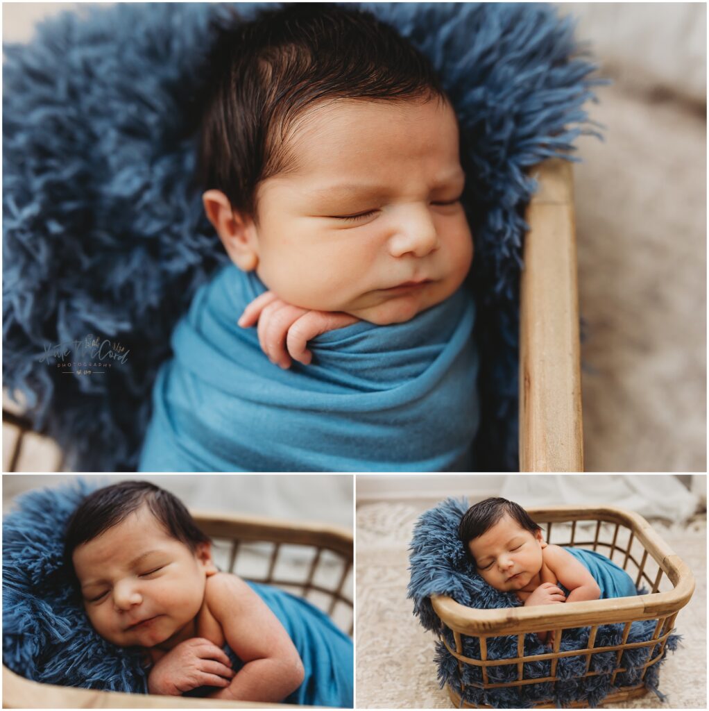 Newborn baby in Harrisburg wrapped in blue sleeping 
