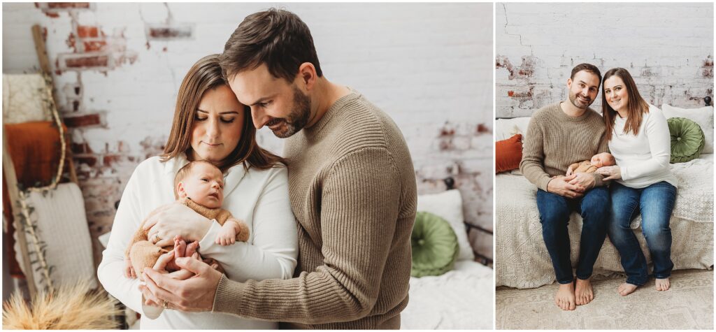 Mom and dad snuggling their Harrisburg newborn baby boy. Two photos across one where they are standing and the other sitting on a bed. 