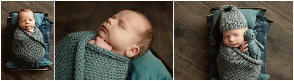 Newborn session with three photos of baby in blue swaddle on a tiny baby bed. 