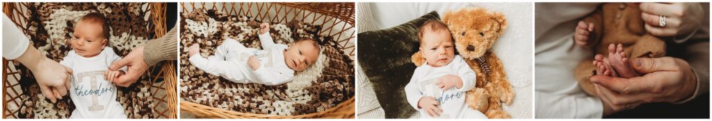 Four photo collage of a newborn baby boy in a wicker bassinet. 