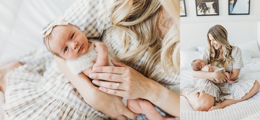 Mom in tan checkered dress holding newborn baby girl during in home newborn session in Mechanicsburg, PA 