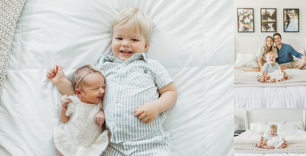 Big brother with baby sister in sibling photos during newborn session