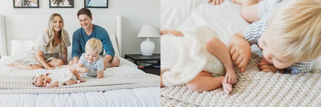 Family playing on their bed during their lifestyle newborn session