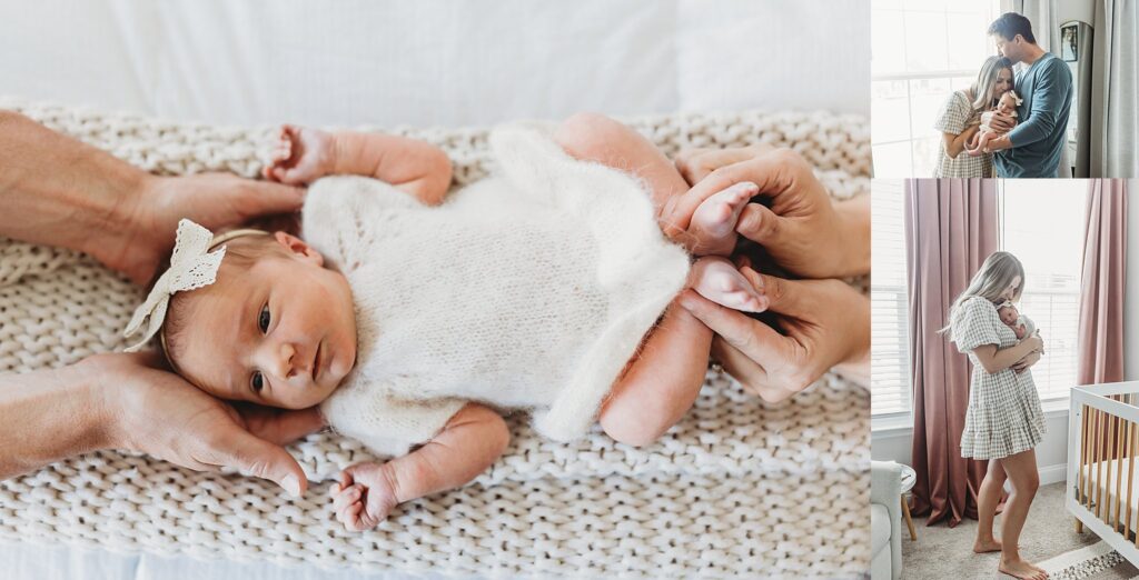 Mom and dad snuggled with their newborn girl 