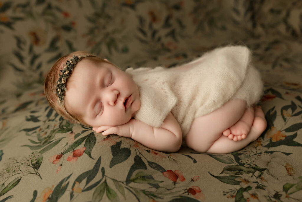 Baby girl in a bum up pose in a darling knit romper sleeping on a floral backdrop during her newborn session with kate mccord photography in york 