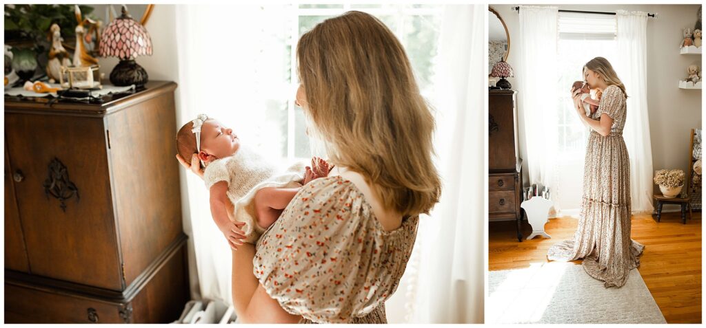 New mom in a floral gown adoring her newborn baby girl in her York, pA in home newborn session