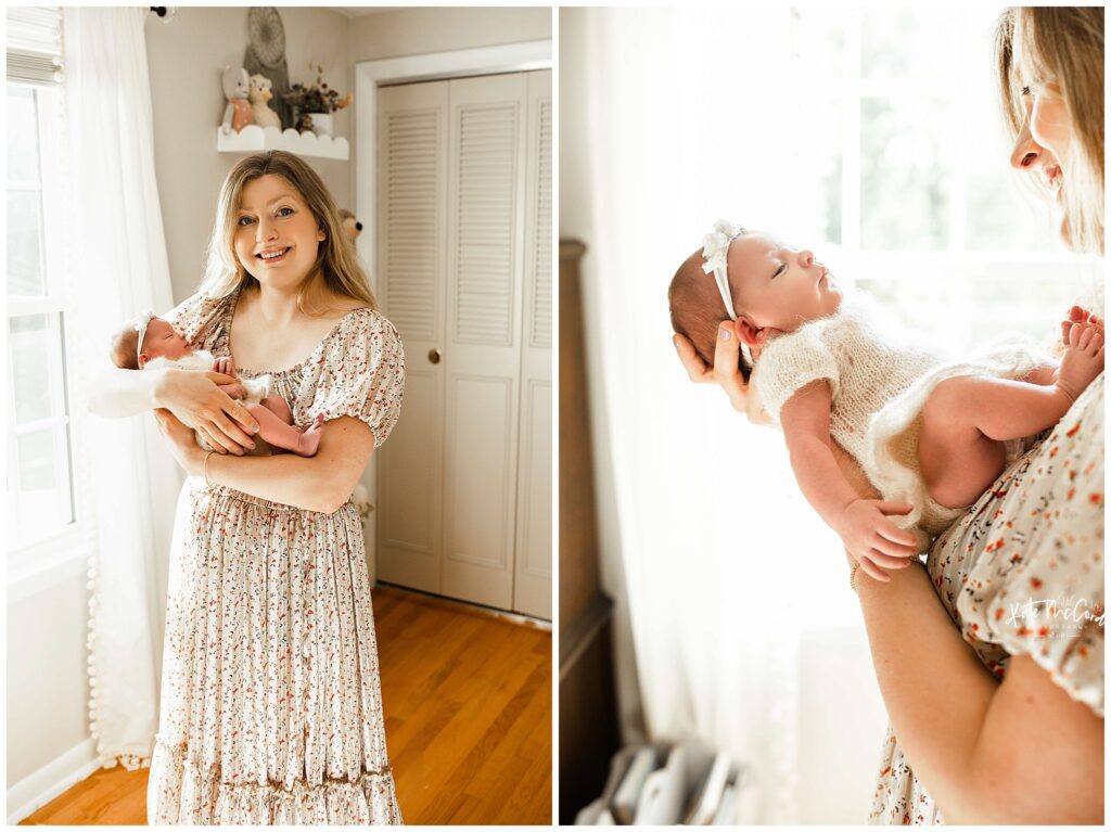 Beautiful mother in her lifestyle newborn photos holding her sweet baby girl