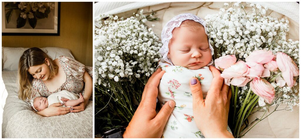 Mom laying on bed looking at her newborn baby girl during her new mom photoshoot in york, pa 