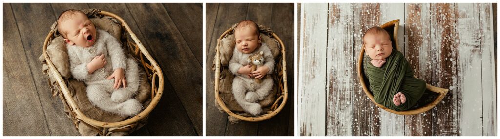 Baby William swaddled in the wooden Luneberry moon and snuggled warmly in the cream alpaca footed romper. 