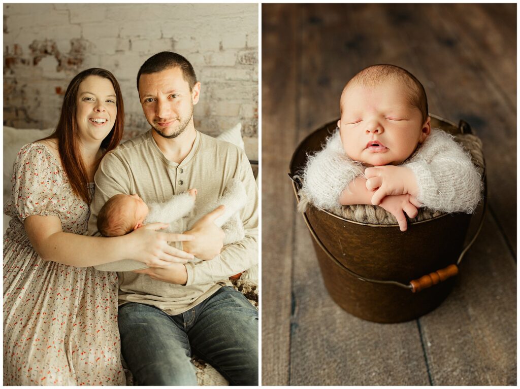 Proud parents posed with their newborn baby boy on the lifestyle newborn set in the York newborn studio