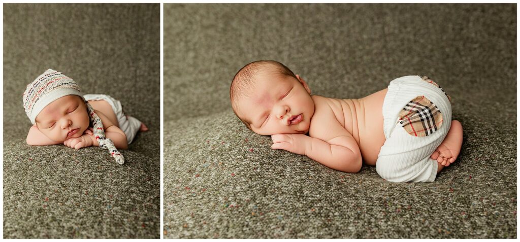 Baby boy posed bum up on an olive green speckled backdrop. 