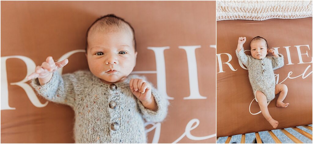 Archie bright eyed newborn baby boy photographed from above in his crib on his Caden Lane crib sheets