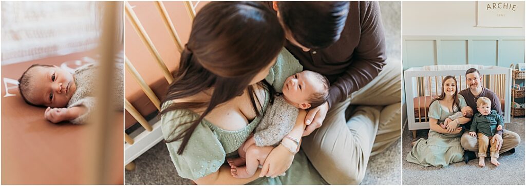 Whether snuggled with mom and dad or laying in his crib, this newborn baby boy was awake and happy during his lifestyle newborn session