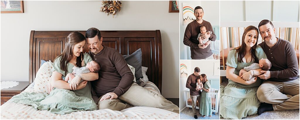 Mom and dad snuggling their newest baby in their lifestyle newborn session