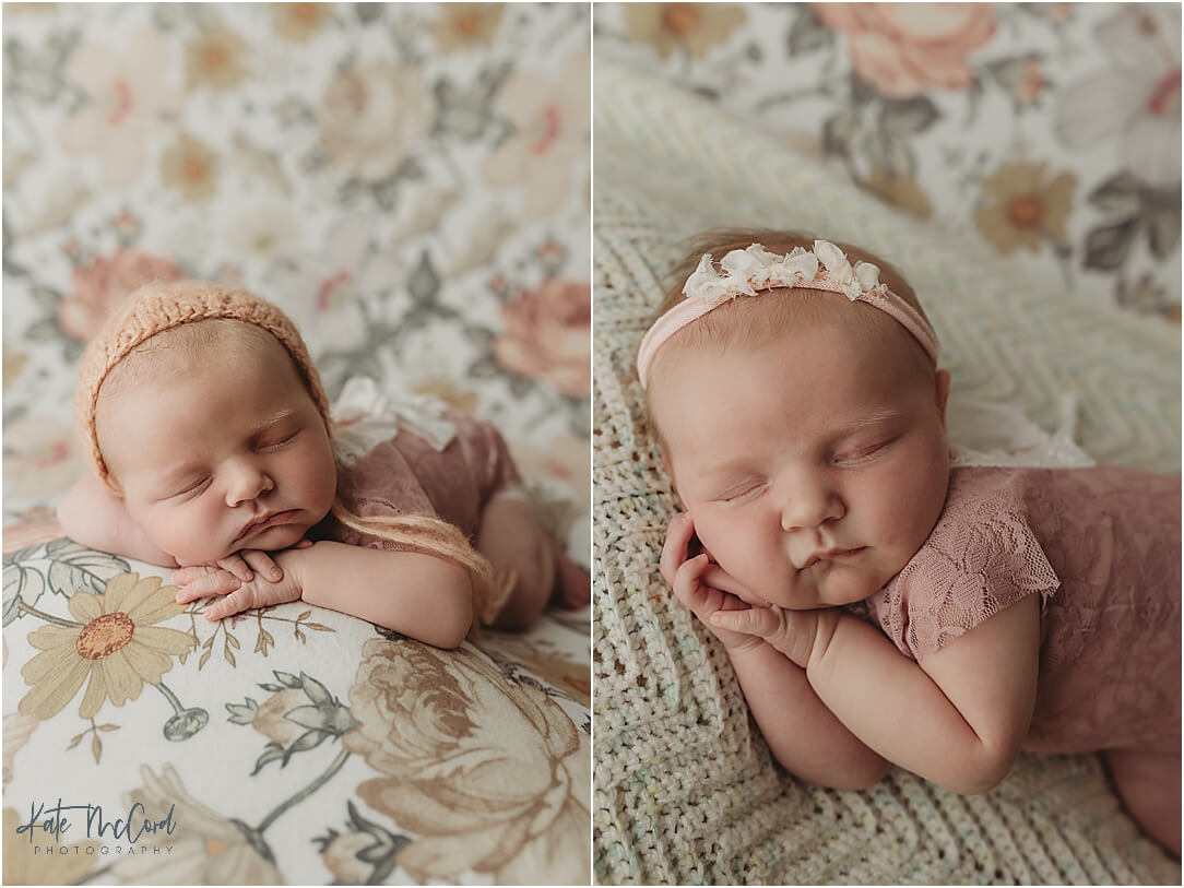 newborn baby girl sleeping on a floral backdrop