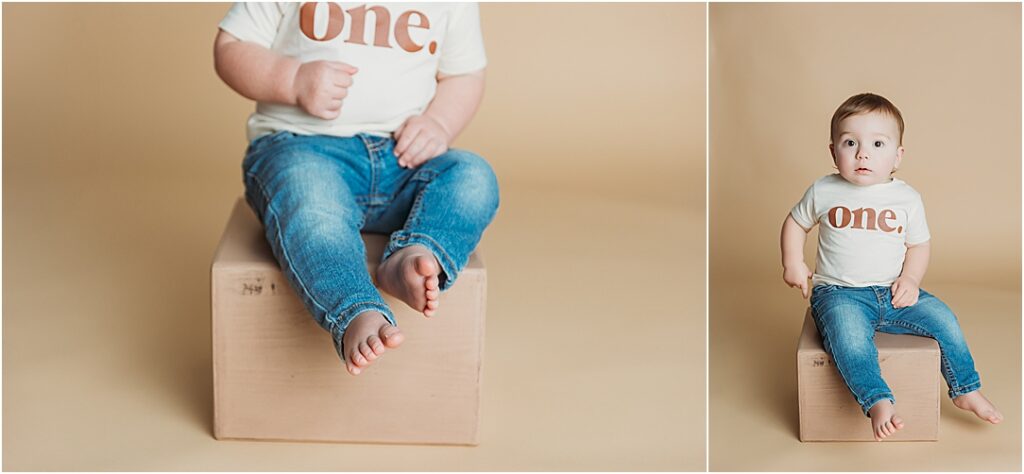 Leo on a classic solid tan backdrop for first birthday portraits before his cake smash in York, PA. 