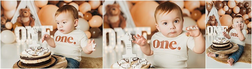 Baby boy loved smushing his fingers into his chocolate peanut butter first birthday cake smash cake. 