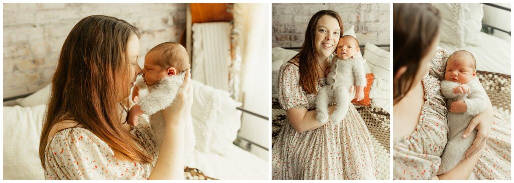 Mom snuggling her newborn baby boy in a soft floral dress while he wears a fuzzy romper in their Mechanicsburg PA photos