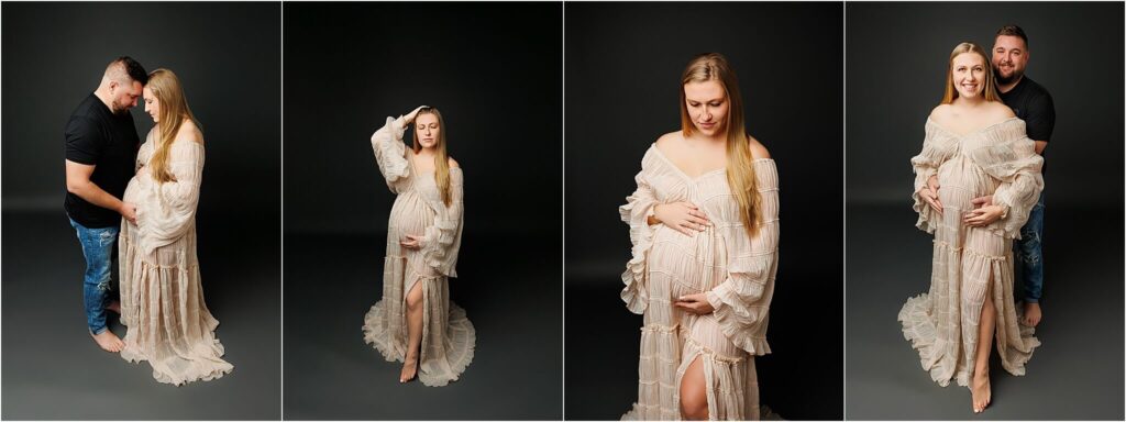 pregnant woman in a stunning maternity gown on a dark backdrop collage of photos for maternity session in studio