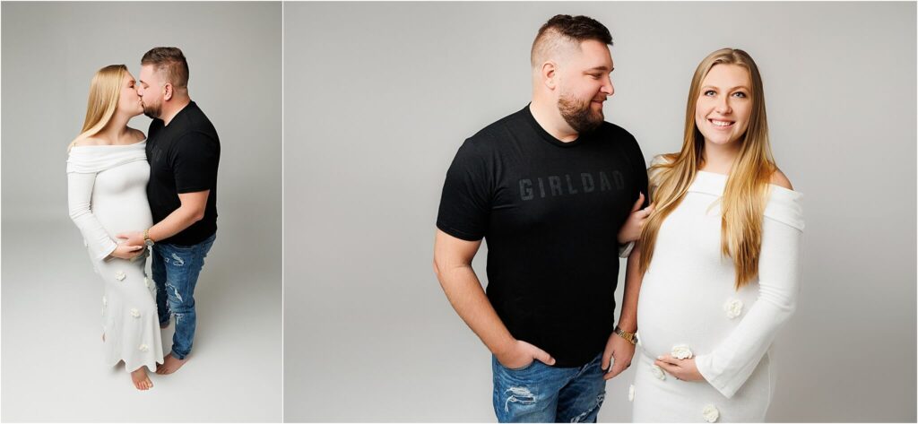 pregnant woman in white off the shoulder gown with husband in a black tshirt that says girl dad photographed during york pa studio maternity session