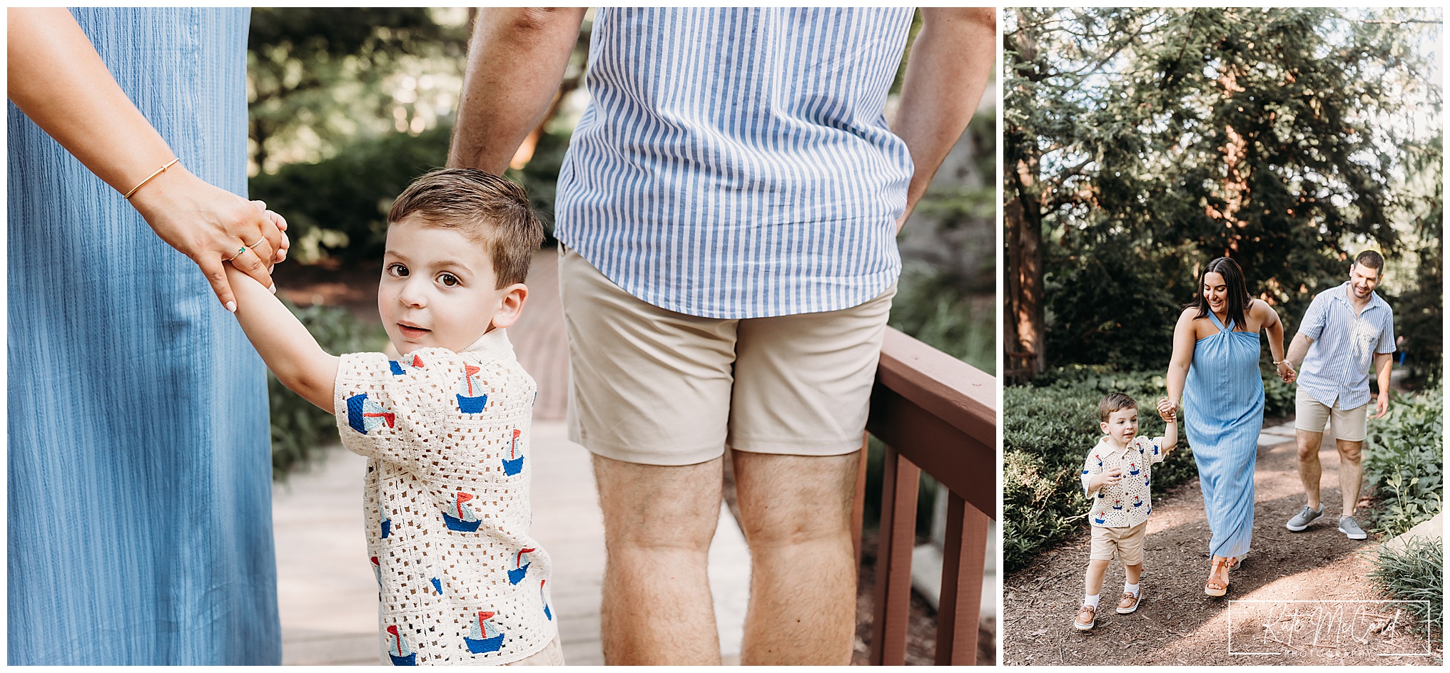 Family of three explores the Hershey Gardens with toddler boy in a sweet crochet sailboat sweater.