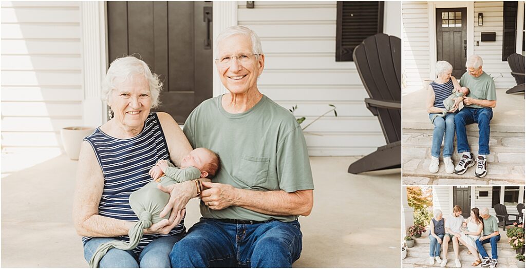 The family sits on their front porch cradling Emmett during their Camp Hill in home newborn session.