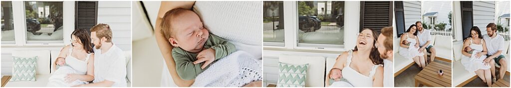 A Camp Hill in home newborn photography session showing baby Emmett cuddled in his parents' arms on their cozy front porch. The collage highlights warm family moments, natural light, and joyful expressions during this relaxed outdoor segment of their in-home session.