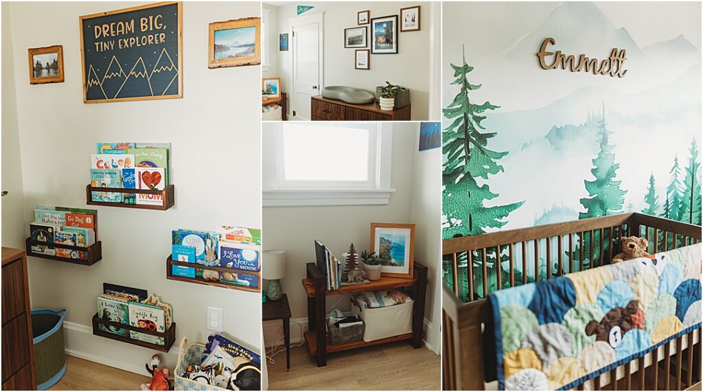 A beautifully styled nursery featured in a Camp Hill in home newborn photography session. The room includes mountain-themed wall art, Emmett’s name above the crib, a colorful quilt, and shelves of books and personal touches, reflecting the family's love for adventure and storytelling.

