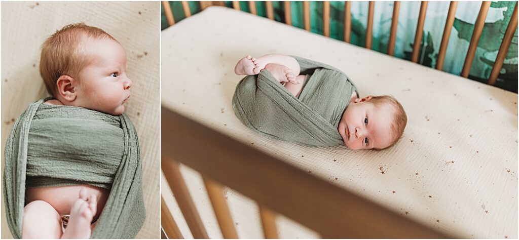 Emmett swaddled in green fabric, gazing out from his crib during his Camp Hill in home newborn session.