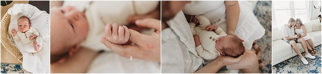 Baby Emmett lays in a basket on a cozy white blanket during his Camp Hill in home newborn session.