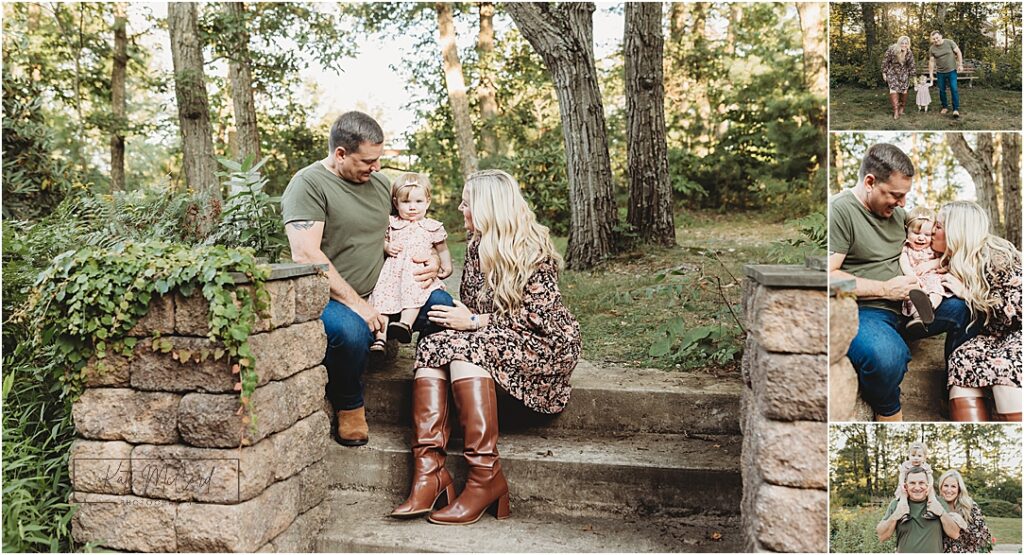 In this family photography style we see both candid and posed photos, embracing multiple styles for this family of three's central pa outdoor photos
