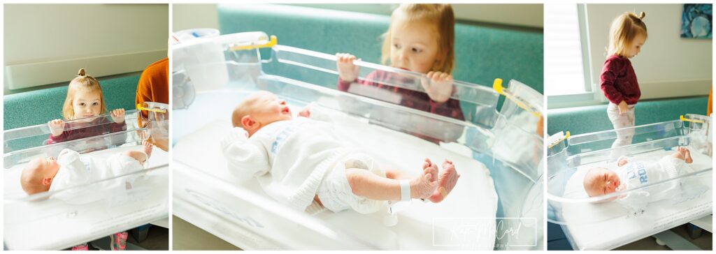 Big sister meeting her hours old baby brother during fresh 48 at Penn State Hampden Medical Center