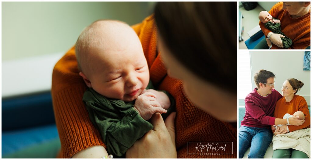 Fresh 48 Hospital Session at Penn State Hampden Medical Center new mom and dad look adoringly at each other with their newborn in their arms