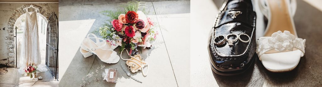 Wedding day details from a November wedding at Stock’s Manor in Mechanicsburg, PA including the bride’s dress, bouquet, rings, and shoes.