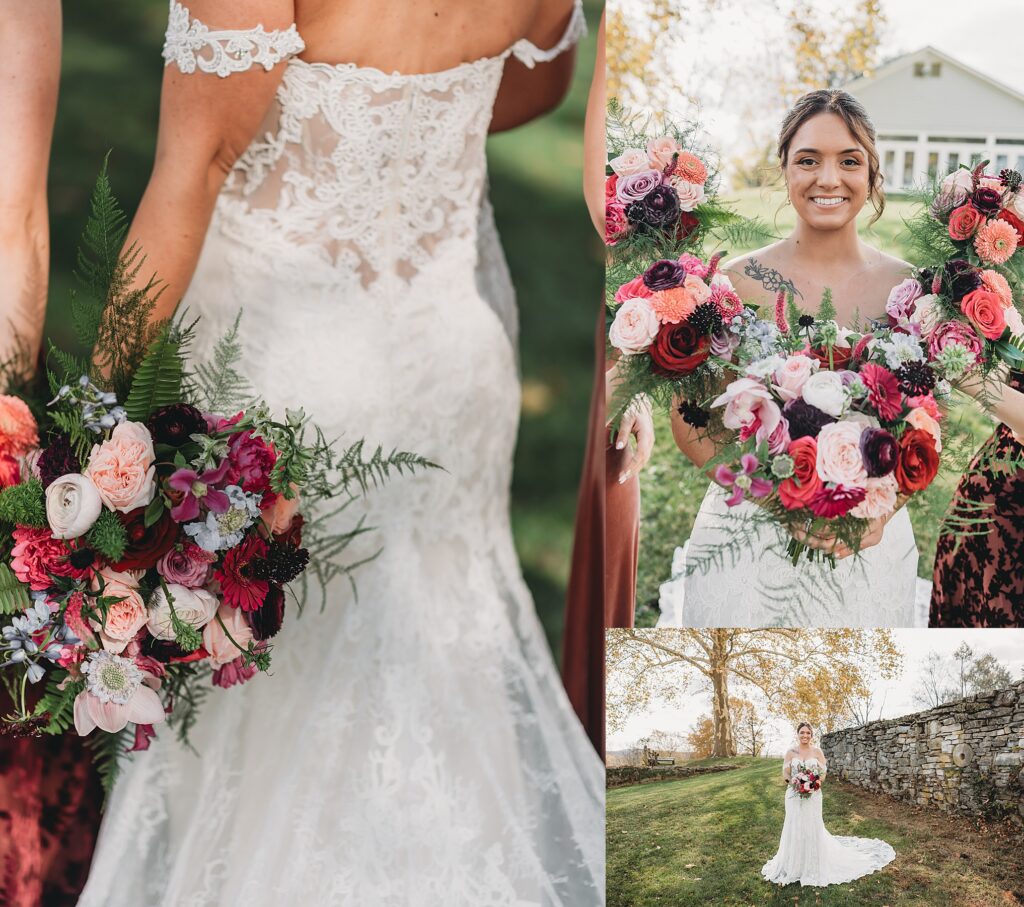 Bridal gown details and fall floral bouquet during a November wedding at Stock’s Manor captured by a Central PA wedding photographer.