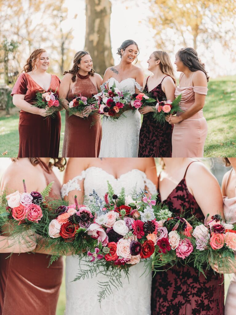 Bride and bridesmaids standing together on the grounds of Stock’s Manor during a fall wedding in Mechanicsburg, PA.