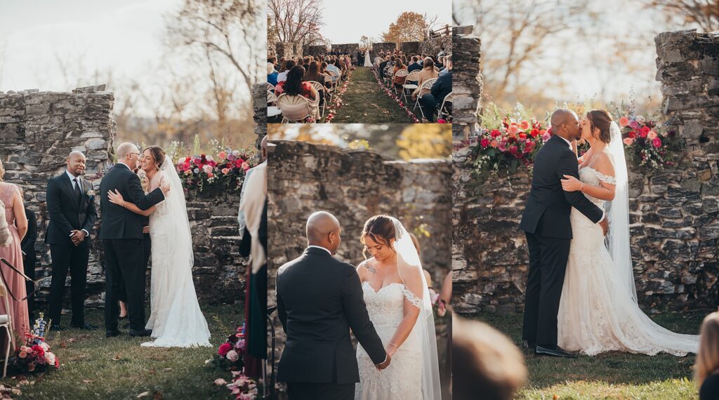 Outdoor wedding ceremony at Stock’s Manor in Mechanicsburg, PA during a beautiful November fall wedding in Central PA.