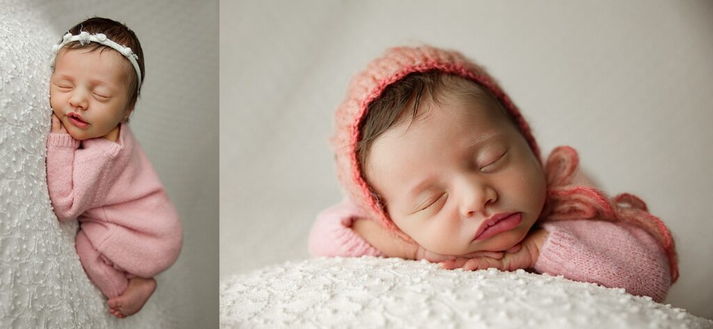 newborn baby girl in a light pink knit romper sleeping peacefully on a white textured backdrop. one photo she has on a dainty headband and the other a pink bonnet.