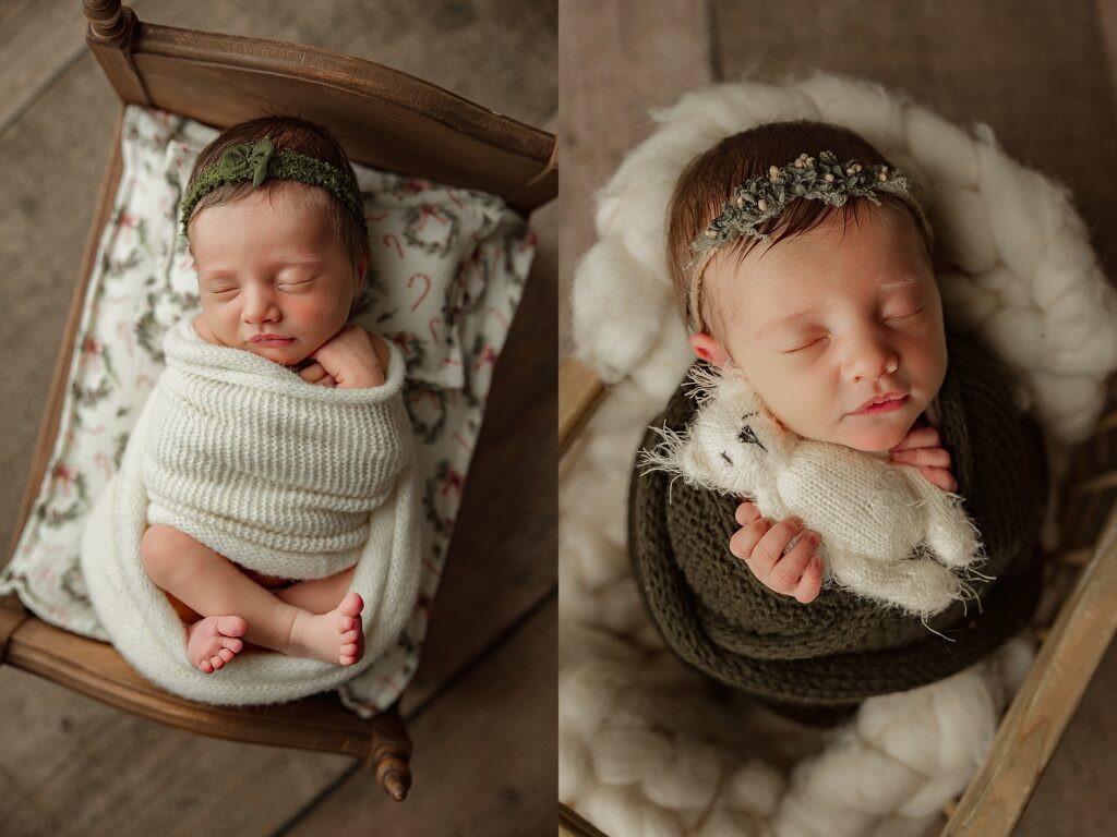 collage of a newborn baby girl posed gentle in a white knit wrap on a wooden baby sized bed with a green headband coordinating with the wreaths on the mattress. the other photo baby is swaddled in a swamp green wrap holding a tiny teddy bear.