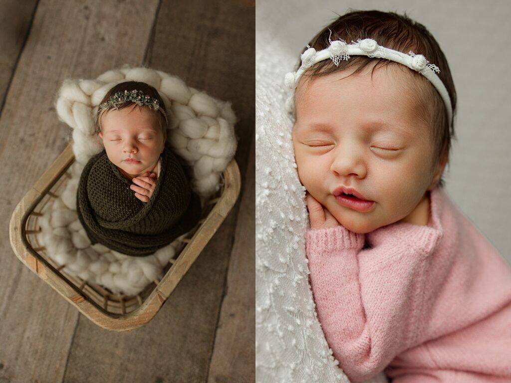 Harrisburg newborn photos featuring two newborn portraits of a baby girl, one wrapped in soft neutral textures in a wooden basket and another close-up detail image in a pink wrap, capturing delicate features and peaceful newborn details.