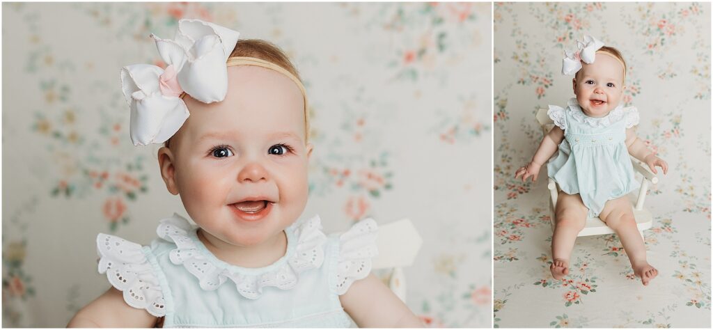 Dillsburg sitter session collage of a baby girl in a pale blue dress with a floral backdrop, highlighting bright eyes, joyful expressions, and confident sitting milestone portraits.