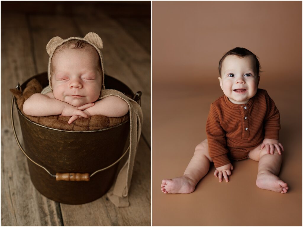 Collage from a Harrisburg baby’s first year photography session showing a sleepy newborn posed in a rustic metal bucket wearing a knit bonnet with bear ears next to a smiling sitter baby in a warm brown outfit against a neutral backdrop, highlighting the transformation from newborn to milestone stage.