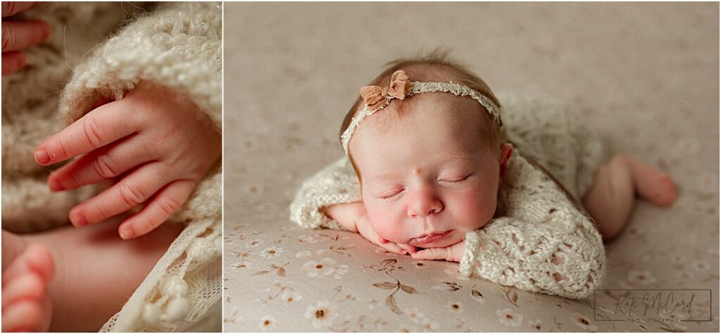 Harrisburg newborn photographer collage highlighting baby girl detail portraits including tiny fingers and peaceful sleeping newborn pose on soft textured neutral studio backdrop.