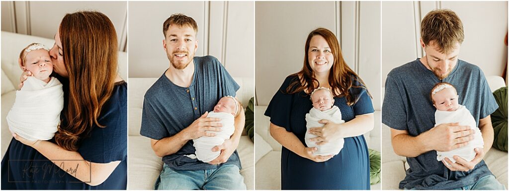 Harrisburg newborn studio photography collage showing baby girl with each parent individually, including mother holding newborn and father cradling daughter during their studio newborn photography session.
