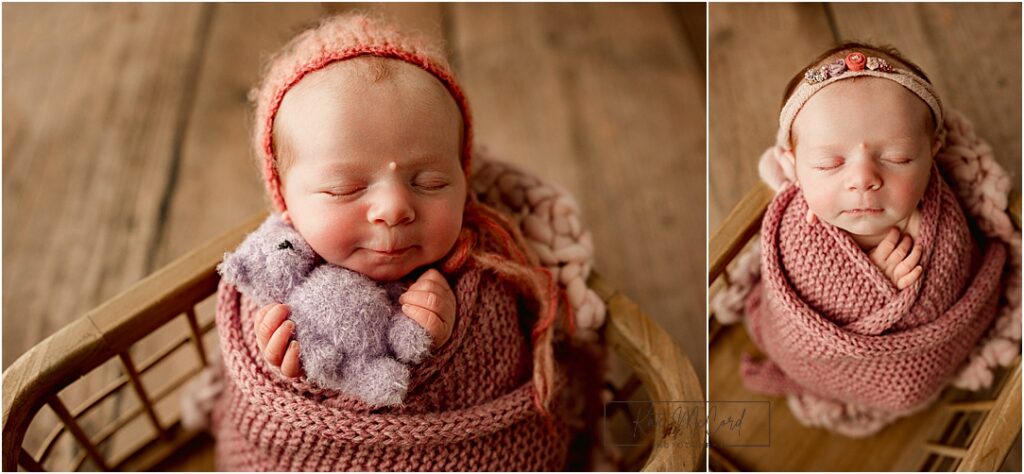 Collage showing baby girl in warm neutral wraps and headbands, peacefully sleeping in wooden prop during studio newborn session.
